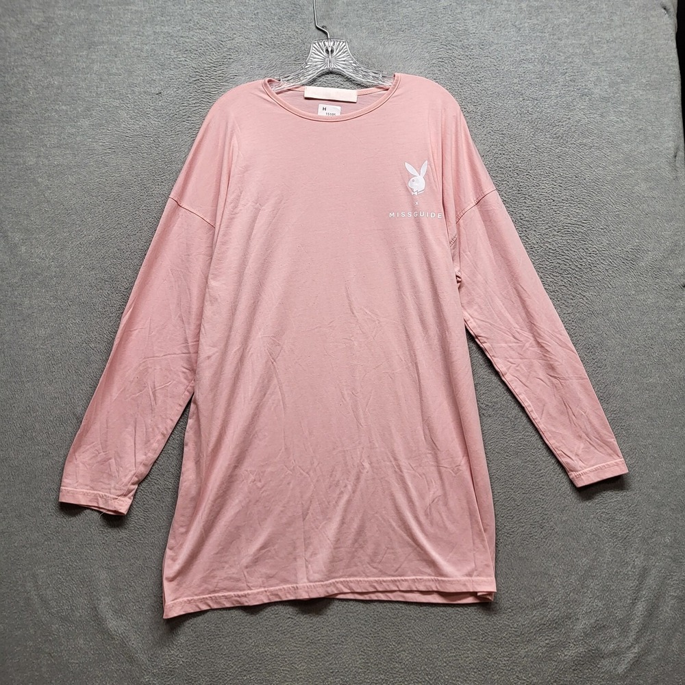 Playboy x Missguided Women Top 14 Pink Shirt Logo Tunic Long Sleeve Tee